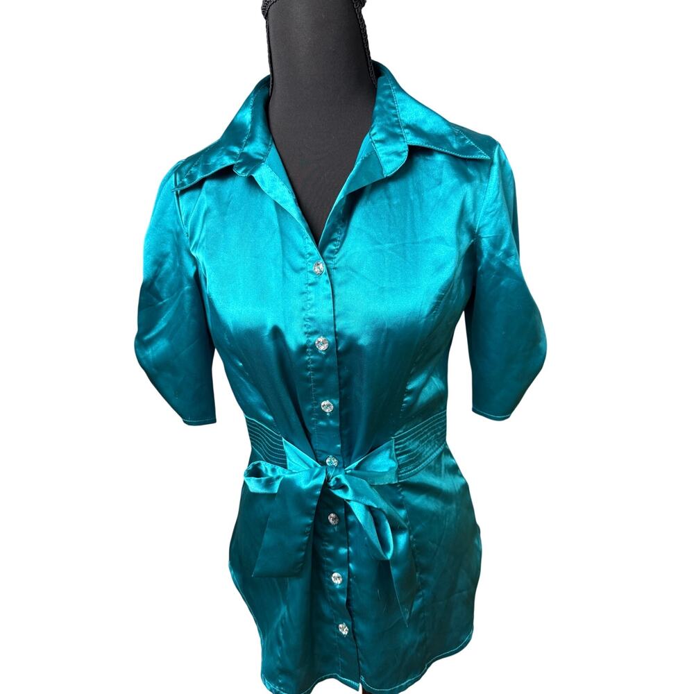 Vintage Y2K A.‎ Byer Satin Teal Turquoise Sm Top Diamond Buttons 2000s 90s Club